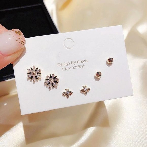[3 Pairs] 925 Sterling Silver Diamond Earrings E - Picture 5 of 7